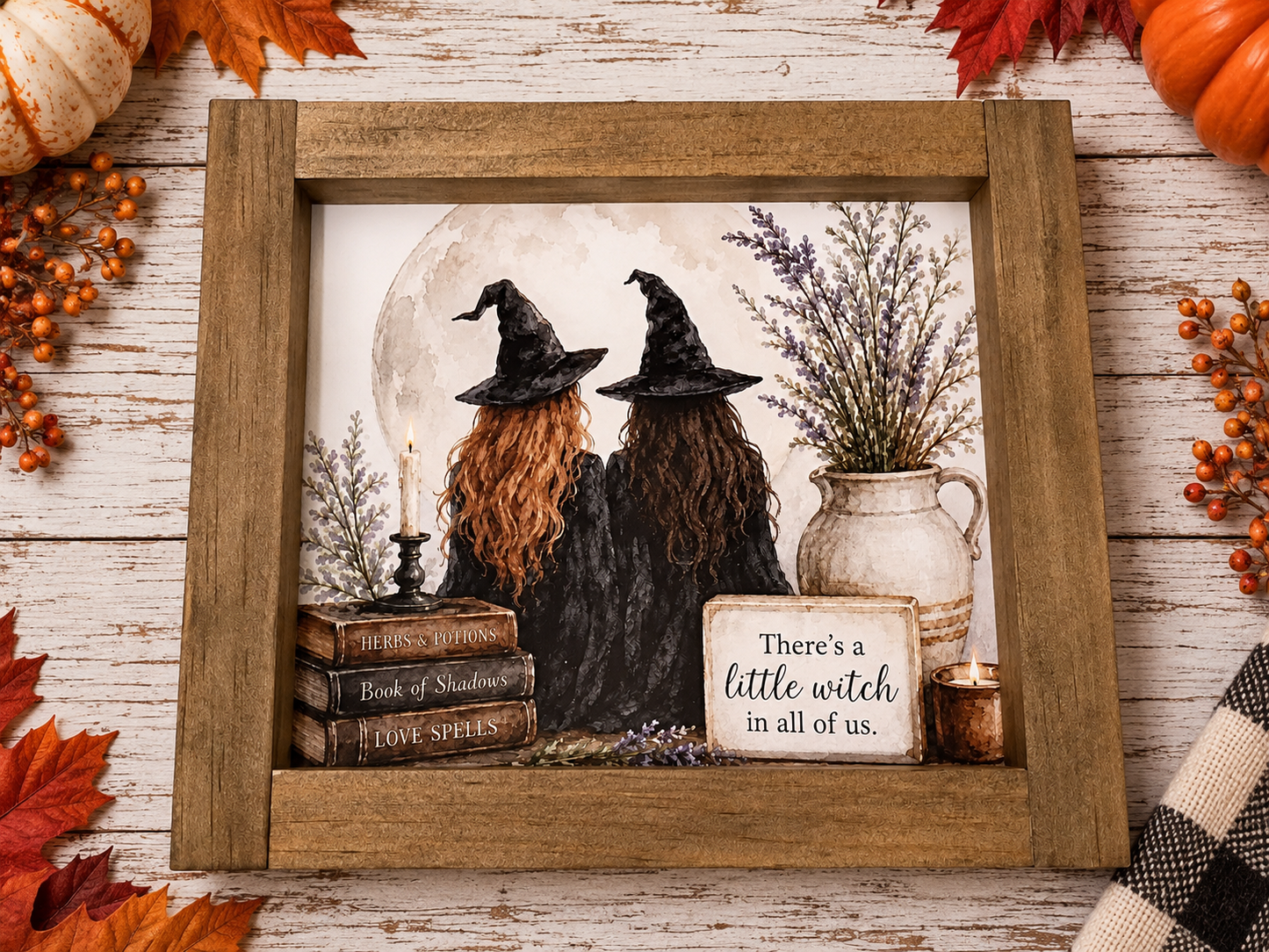 Vintage Style Two Witches Framed Farmhouse Sign