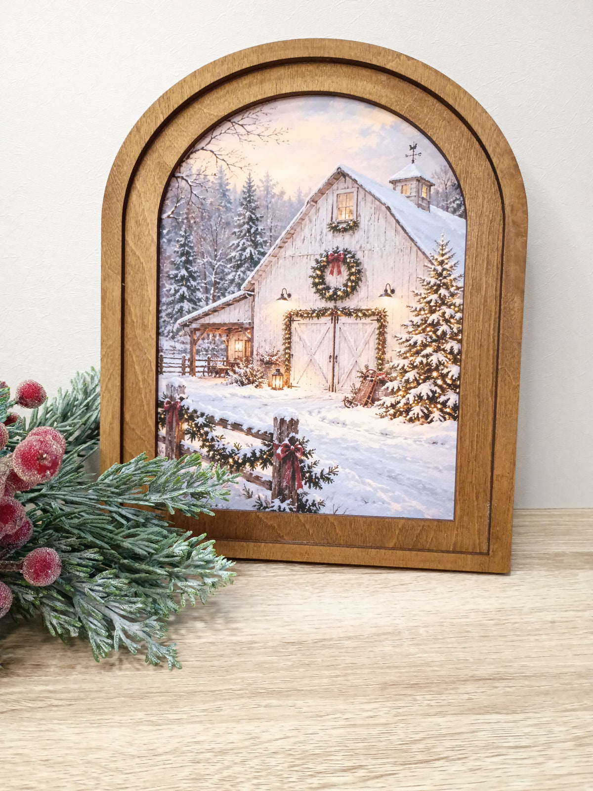 Handmade Arched Christmas Sign | Snowy Christmas Barn – Rustic Winter Decor