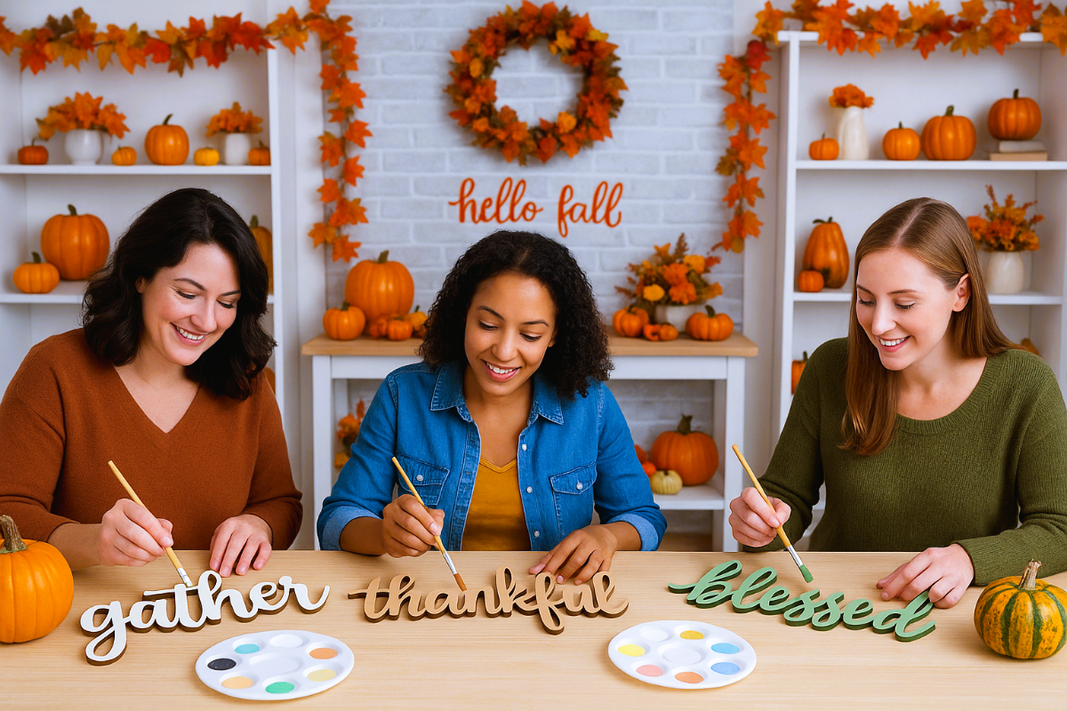 Three women painting wooden words on a table with fall decorations in the background.