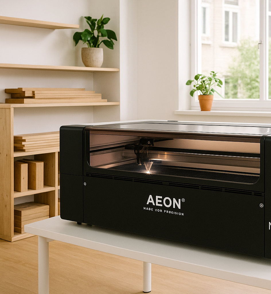 Black AEON machine on a white table with wooden shelves and plants in the background