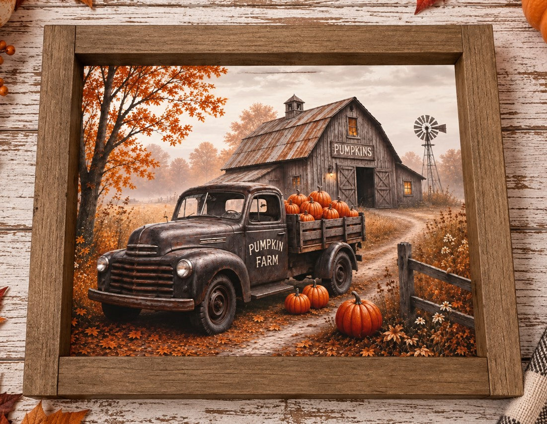 Vintage Style Truck on a Pumpkin Farm Framed Farmhouse Sign