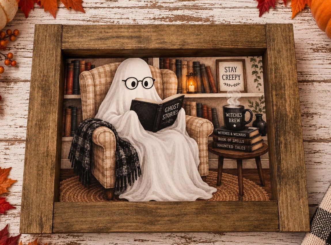 Vintage Style Ghost Reading Spooky Stories Framed Farmhouse Sign