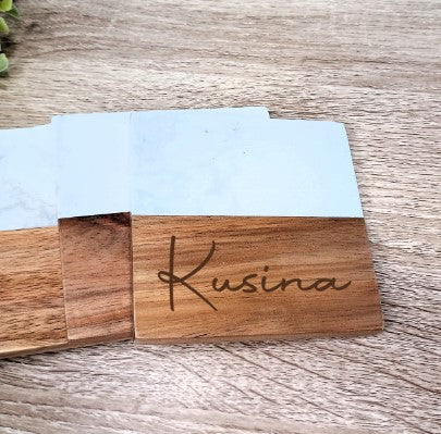 Marble & Acacia Coaster Set with Stand
