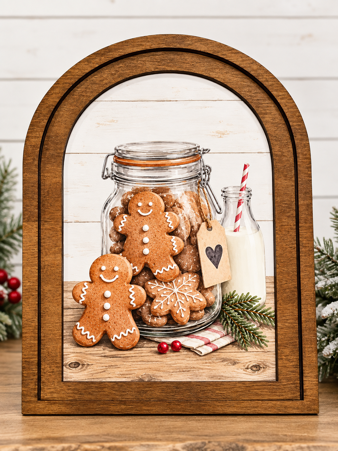 Wooden Arch Framed Sign - Gingerbread with Milk Bottle