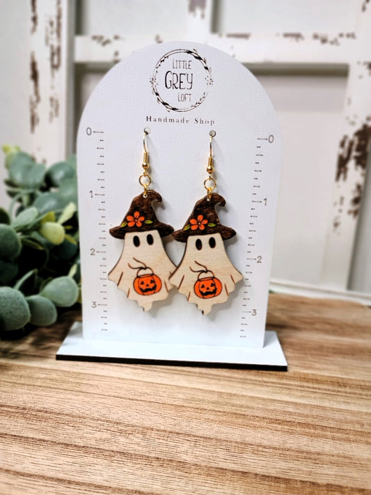 Floral Hat Ghost with Pumpkin Dangle Earrings