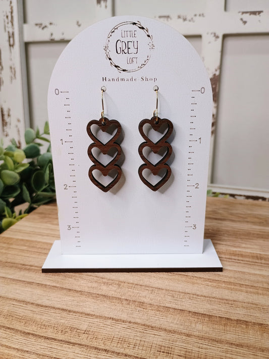 Walnut Triple Heart Dangle Earrings