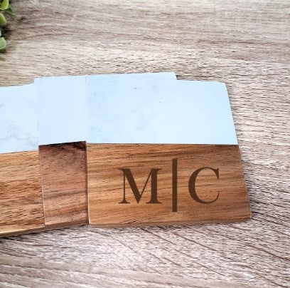 Marble & Acacia Coaster Set with Stand