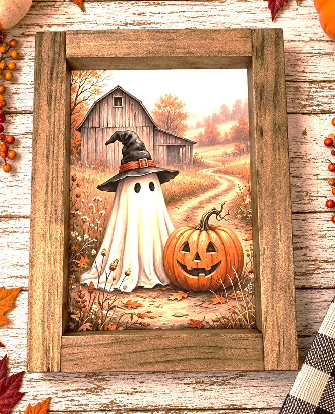 Vintage Style Ghost with Pumpkin & Barn Framed Farmhouse Sign