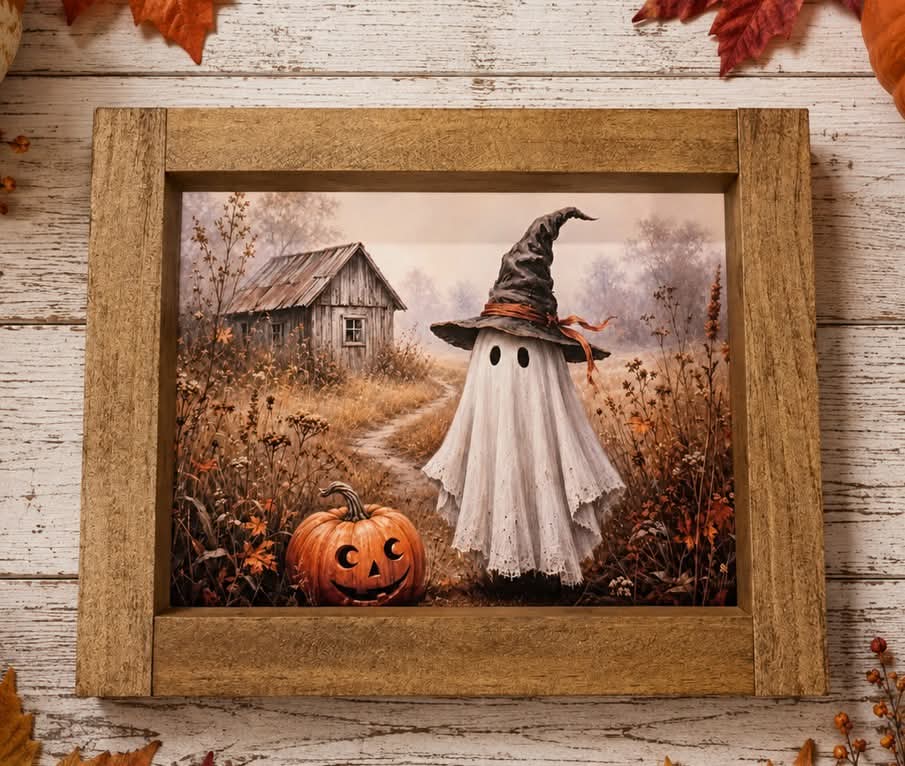 Vintage Style Ghost with Pumkin Framed Farmhouse Sign