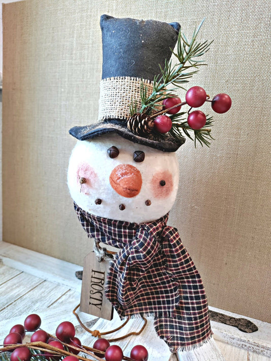 Primitive Snowman on Spring, Country Snowman, Christmas Decor, Handmade Snowman, Farmhouse Christmas Decor, Snowman Nodder, Holiday Decor